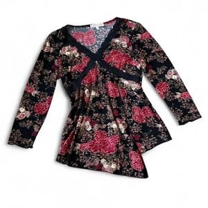 Vintage Dressbarn Petites Black & Red Floral Print Top – Petite S